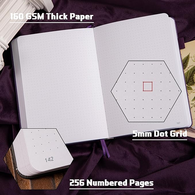 TIEFOSSI Dotted Journal Notebook, 160gsm 256 Numbered Thick Paper, A5 Hardcover Dotted Grid Diary for Women Men Work Writing, Journaling, Drawing, 5.8 x 8.3 in