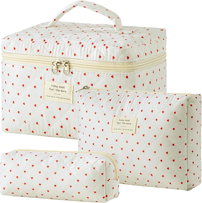 HBselect Quilted Makeup Bag, 3Pcs Cotton Large Travel Makeup Bags Organizer | Cute Floral Make up Bag Cosmetic Bag Toiletry Bag for Women Girls, Makeup Pouch for Skincare, Brushes & Travel Essentials