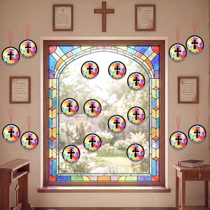 48PCS Sunday School VBS Crafts Bulk: Paper Cross Nativity Suncatchers, Jesus Religious Christian Activity DIY Kits Church Decorations, Window Stained Glass Effect Art Supplies(Round Shape)