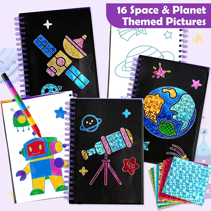 FUNNYB&G Foil Art Craft Kit for Boys 4-10 Years Old: Mess-Free & No-Glue, Create 16 Sparkly Space Pictures – Perfect Travel Toy & Birthday Gift for Kids (Space)