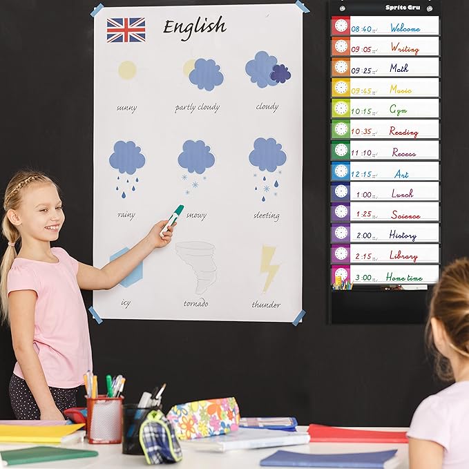 Daily Schedule Pocket Chart, Classroom Charts with 13+1 Pockets, 13 Double-Sided Reusable Colored Cards, 13 Blank Ones and 2 Over-Door Mounting Hangers Include (Black, 13” x 36”)