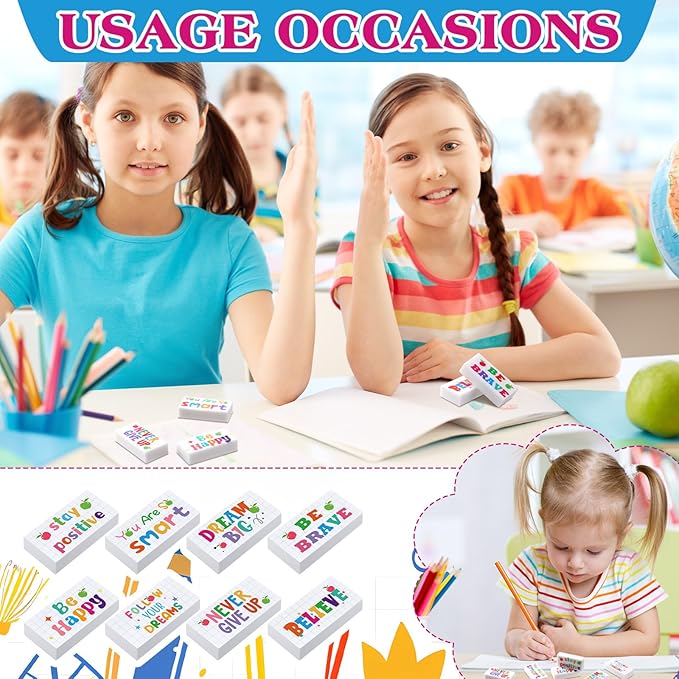 Dunzoom 100 Pcs End of Year Inspirational Pencil Erasers Bulk for Kids Back to School Fun Motivational Eraser School Office Supplies for Students Classroom Office Teacher Artists(Lovely)