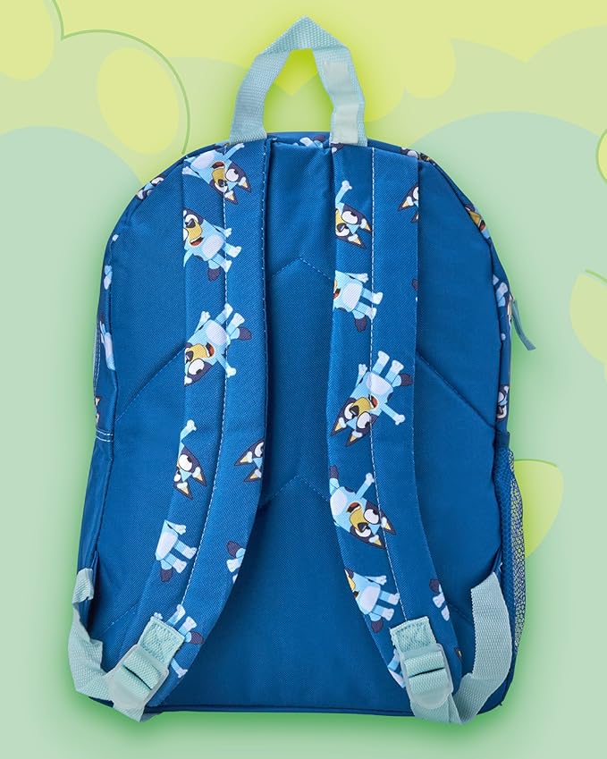 Fast Forward Bluey Kids Backpack - 16 Inch Bookbag Elementary Backpack for School Girls & Boys with Adjustable Padded Straps, Bluey Blue/Aop