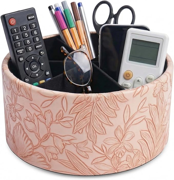 Remote Control Holder, 360°Spinning PU Leather Desk TV Remote Caddy,Desk Storage Box Room Accessories for Controller, Media,Mail,Calculator, Mobile Phone,Pencil(1-Carved Pink)