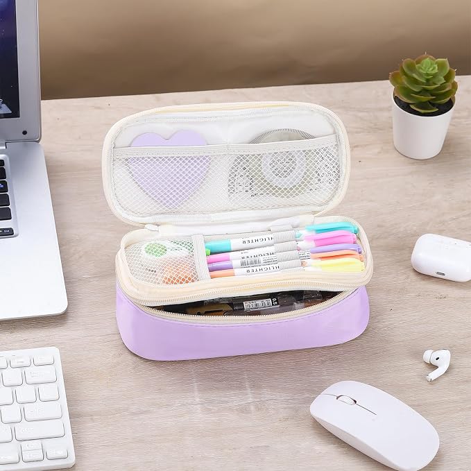 Large Pencil Bag for Girls Teens Kids School Pencil Case Organizer Purple | Zipper Pencil Pouch Big Cute Stationery Aesthetic Pencil Box for School Office, Wear-resistant Fabric, Large Capacity Design