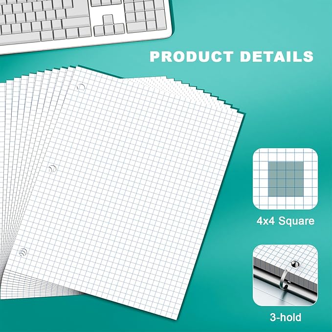 Loose Leaf Graph Paper Notebook 8 X 10.5, 360 Sheets Graphing Paper，3 Hole Punched，4x4 Quad Ruled Grid Notebook Paper, 10-1/2" X 8 Binder Filler Paper For, Engineering, Office, School