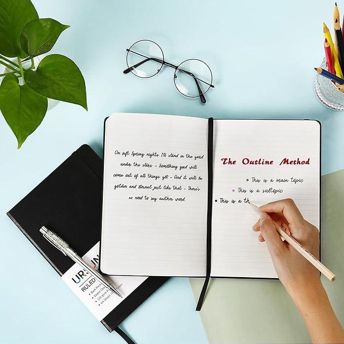 URSUNSHINE Ruled Notebook/Journal - Classic Lined Journal/Notebook, Hardcover with Thick Paper, 5.3" x 8.26", Banded + Pen Holder +Inner Pocket - Gray