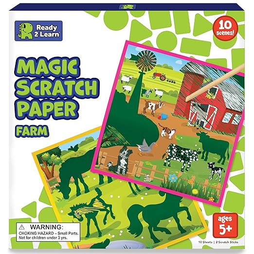 READY 2 LEARN Magic Scratch Paper - Farm - 10 Vibrant Scenes - Scratch Art for Kids - Reveal Colorful, Farmland Designs