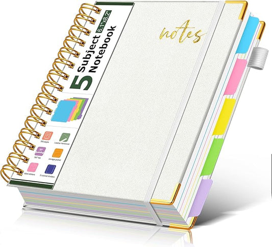 5 Subject Spiral Notebook Journal with Removable Dividers Tabs, 300 Pages Organizer Notebooks for Work School, A5 Hardcover Leather Notebook College Ruled, Lined Journal for Women Men，White