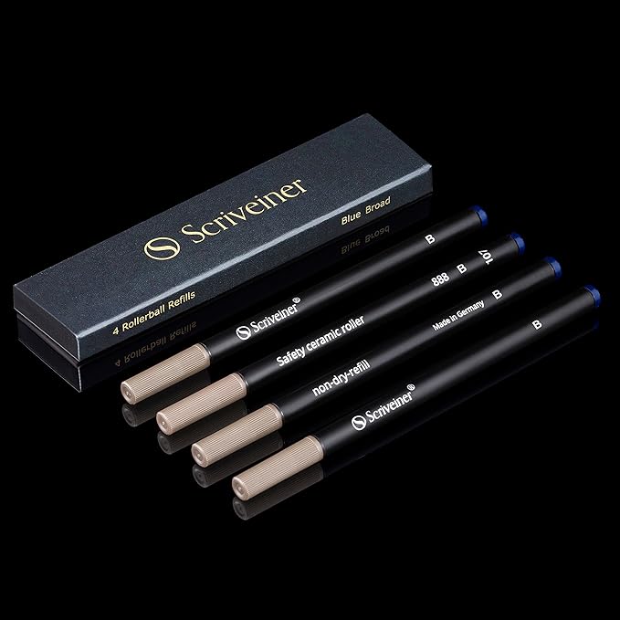 Scriveiner Rollerball Refill Blue Broad - 4 Rollerball Refills Designed for Scriveiner Pens - Safety Ceramic Non Dry Roller Pen Refill B - Schmidt 888 Size – Made in Germany