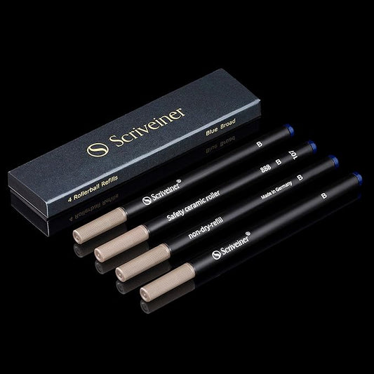 Scriveiner Rollerball Refill Blue Broad - 4 Rollerball Refills Designed for Scriveiner Pens - Safety Ceramic Non Dry Roller Pen Refill B - Schmidt 888 Size – Made in Germany