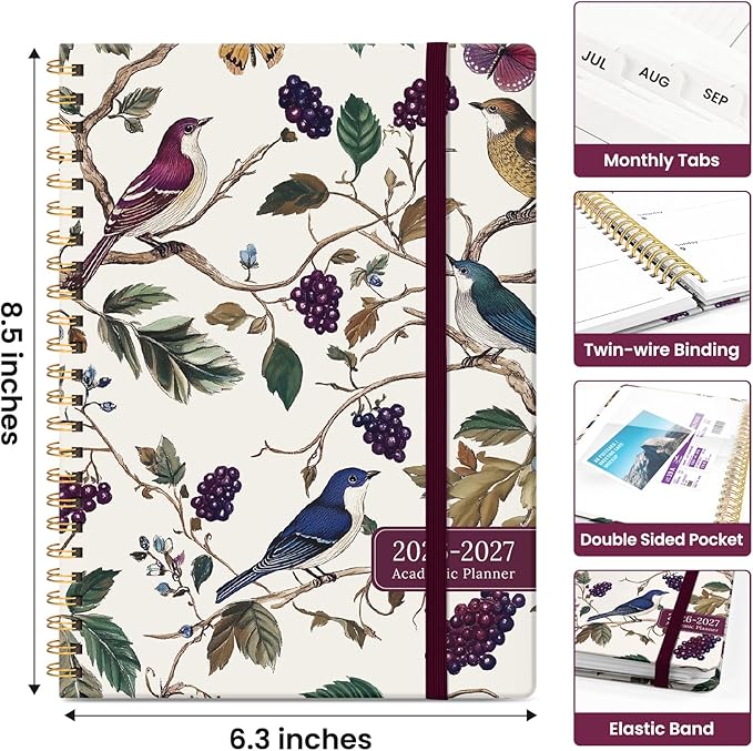 Planner 2026–2027, Academic Monthly Weekly Spiral Calendar, July 2026 – June 2027, Hardcover Agenda Notebook with Tabs, 6.3" x 8.5", Perfect for Students, Teachers, School & Daily Planning - Vineyard Birds