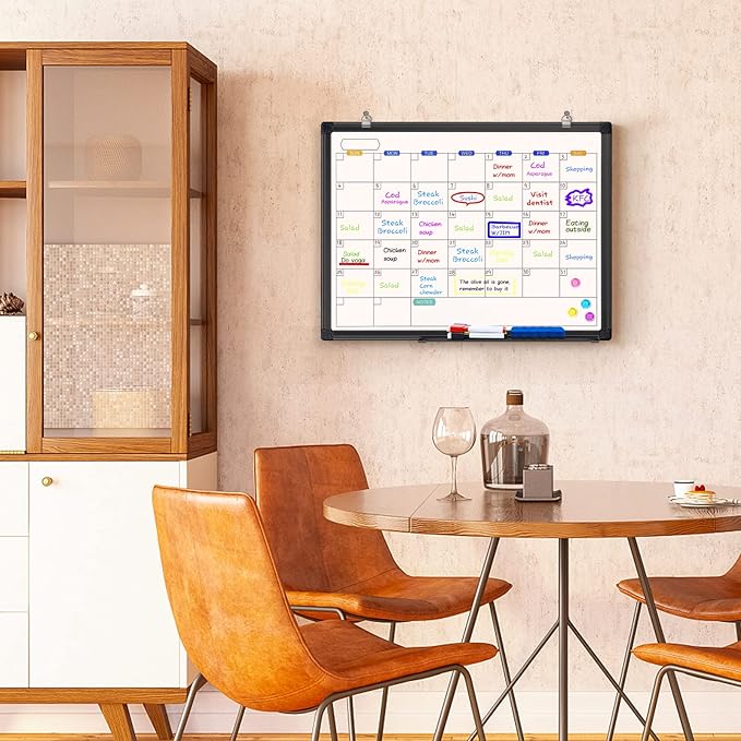 Dry Erase Calendar Whiteboard for Wall, 24" x 18" Magnetic Monthly White Board Calendar Dry Erase, Black Aluminum Frame with Tray for Home, School, Office