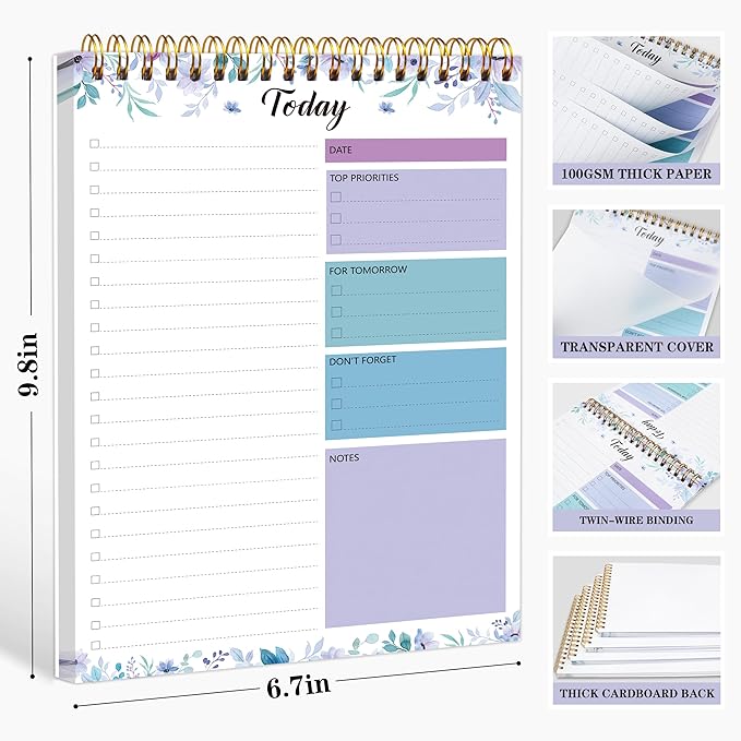To Do List Notepad - Daily Planner Notepad 104 Pages Task Planner, 6.7" x 9.8" Double Sided Spiral Notebook with Checklist Productivity Planning Pad for Work Office Home-Purple