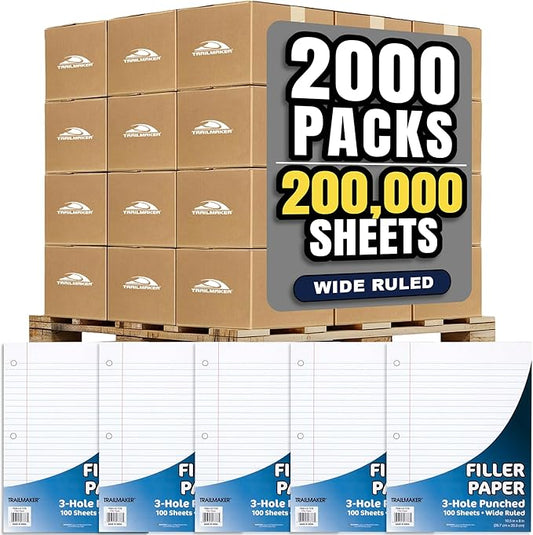 Trail Maker (2,000 Pack) Bulk Pallet Loose Leaf Paper Wide Ruled, 8 x 10-1/2 Inch Wide Ruled Paper, 3 Hole Punch, Filler Notebook Paper for 3 Ring Binders, (200,000 sheets total)