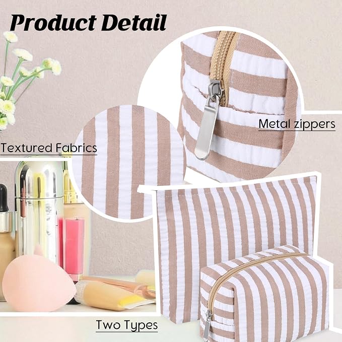 Huhumy 2 Pcs Makeup Bag Set for Women, Khaki, Wide Striped Seersucker | Cute Cosmetic Pouch Women Travel Toiletry Bag Preppy Small Makeup Purse Pouch Aesthetic Skincare Brushes Storage Organizer