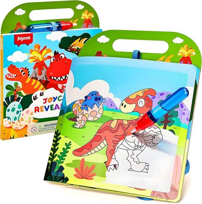 JoyCat Dinosaur Water Coloring Book for Toddlers 3-5, Reusable No-Mess Water Painting Book with Water Pen, 13 Activity Pages, Travel Toy Gift for Boys & Girls