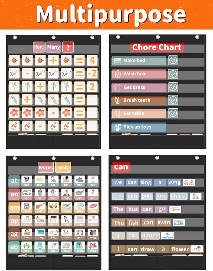 Yoink 7+2 Pockets Standard Pocket Chart, Clear 7 Pockets for Alphabet Learning with 2 Extra Storage Pocket, Chore Chart, Word Wall and Sentence Strips Chart for Classroom, Black (33" x 28.1")