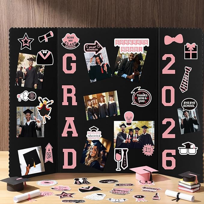 MiniInflat 4 Set 2026 Graduation Picture Trifold Poster Board Double-Sided Foldable Photo Display Board Graduation Decoration for Class of 2026 High School College DIY Craft(Pink,24 x 16 Inches)