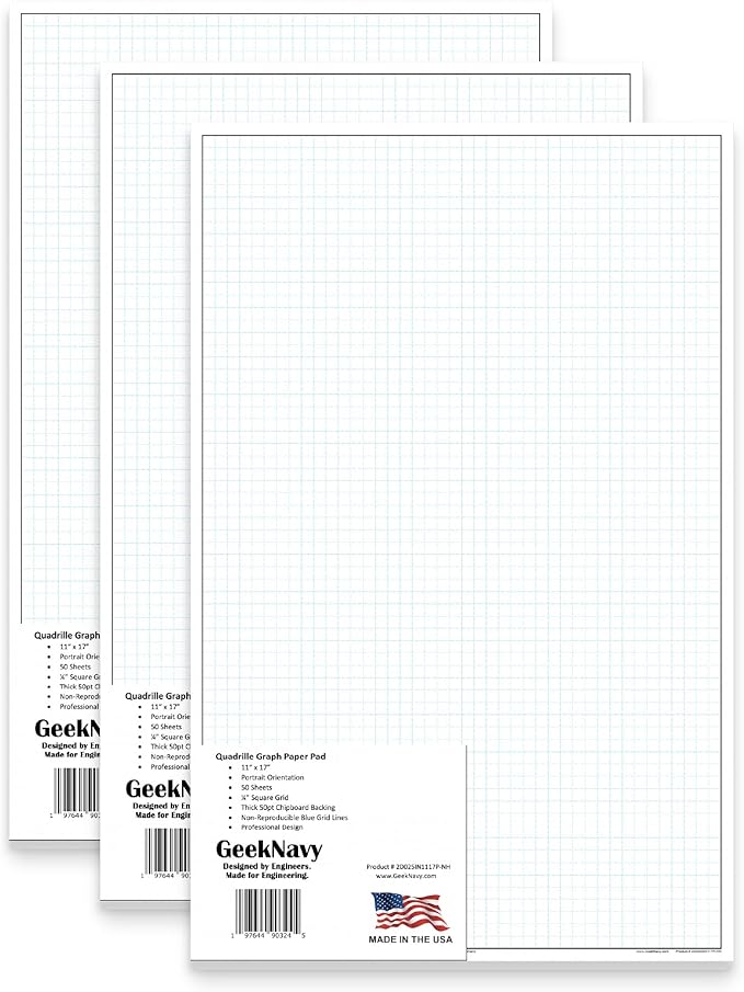 GeekNavy 11" x 17" Quadrille Graph Paper 50 Sheets Portrait - 0.25" 4x4 Square Grid, Blueprint, High Brightness, Border-Outlined, Large Drafting (3-Pack)