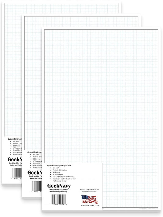GeekNavy 11" x 17" Quadrille Graph Paper 50 Sheets Portrait - 0.25" 4x4 Square Grid, Blueprint, High Brightness, Border-Outlined, Large Drafting (3-Pack)