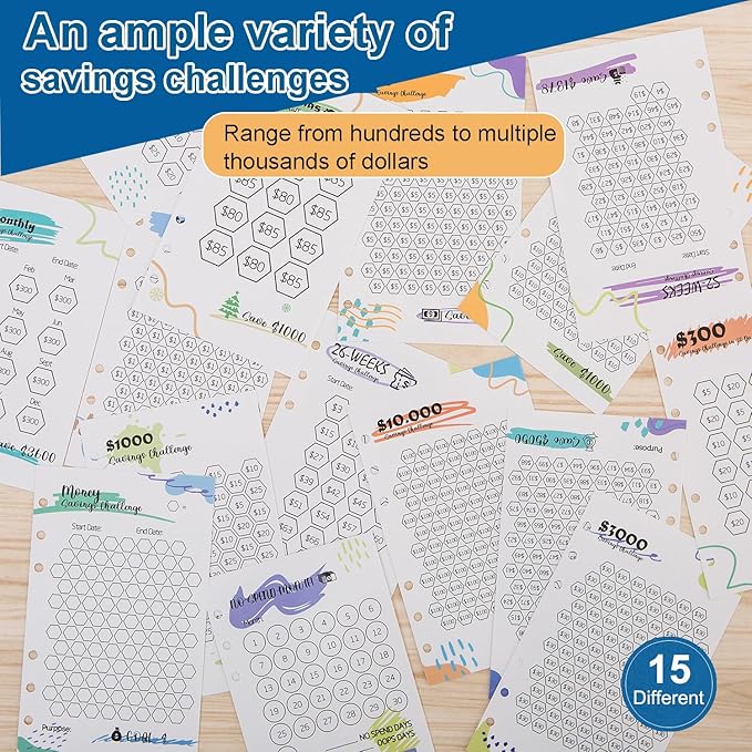 Laminated Money Savings Challenge Trackers for 6-Ring A6 Binders,Reusable cash Savings Tracker sheets,multiple budget cards for savings journey planner(15pcs)
