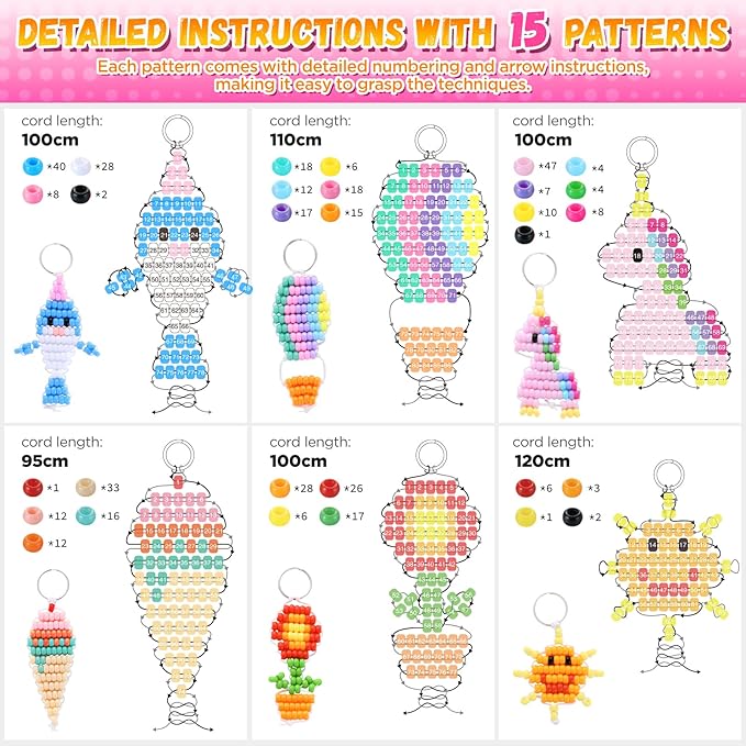 Funtopia Pony Beads Kit for Keychain Making, mini Pony Bead Pets for Kids Beginners，Includes Instructions for 15 Cute Designs and Storage Box, Kids Craft Kit for Rainy Day Group and Family Activities
