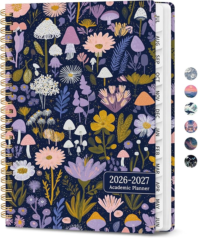 Planner 2026-2027, Hardcover Monthly and Weekly Academic Planner July 2026 - June 2027, Teacher and Student Calendar Agenda Book with Tabs, A5 (6.3" x 8.5"), Ideal for School and Office, Mushroom Garden
