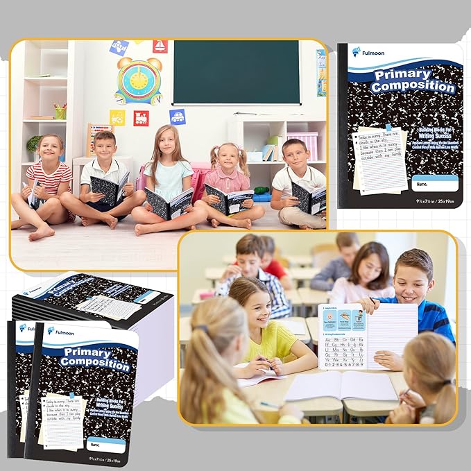 Fulmoon 24 Pack Primary Composition Notebook,Grade K-2 Journal Wide 3 Line Ruled,80 Pages,Marble Cover,7-1/2" x 9-3/4" Primary Writing Notebook for Kindergarten Preschool,1st 2nd Grad (Black Color)