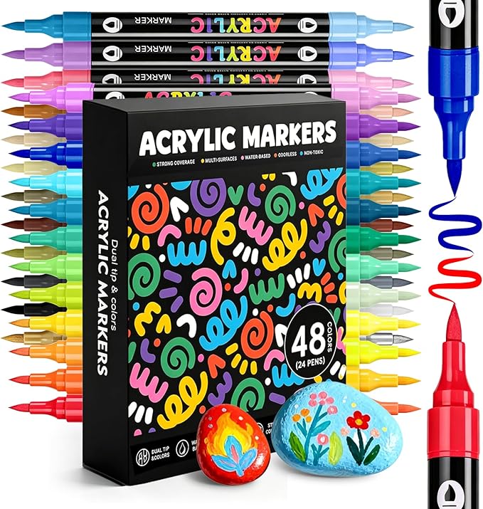 WINSONS 48 Colors Acrylic Paint Marker, Dual Tip and Dual Colors Acrylic Paint Pens for Stone, Wood, Canvas, Ceramic, Metal, Glass, Rock Painting, DIY Crafs Art Supplies (48 Colors)