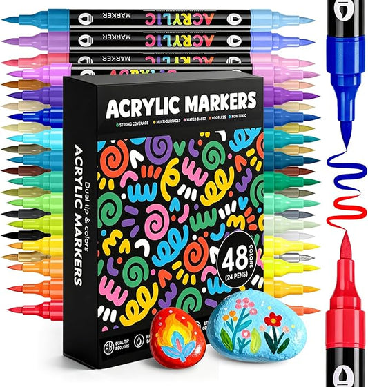 WINSONS 48 Colors Acrylic Paint Marker, Dual Tip and Dual Colors Acrylic Paint Pens for Stone, Wood, Canvas, Ceramic, Metal, Glass, Rock Painting, DIY Crafs Art Supplies (48 Colors)