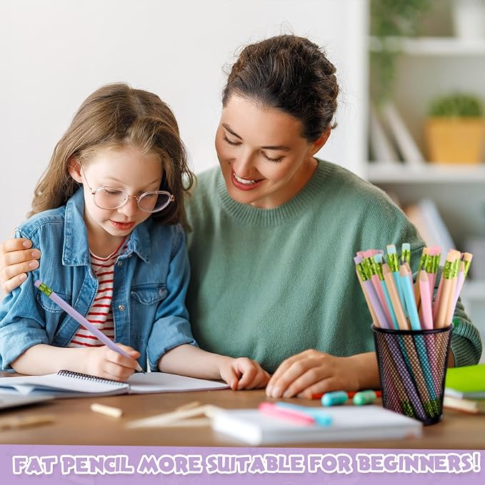 Fainne 102 Pieces Jumbo Pencils Set for Kids Toddlers 96 Thick Fat Large Pencils with Erasers 6 Sharpeners Bulk for Preschool Kindergarten Elementary School Classroom(Macaron Colors,Triangle)