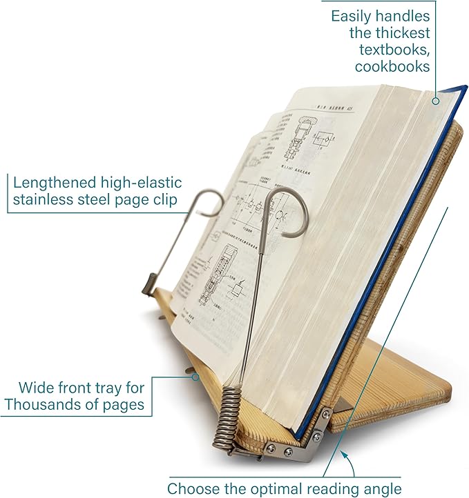 Book Holder for Reading, Book Holder, Book Stand for Desk, Lightweight Bookstand, Highly Elastic Stainless Steel Page Clip (16.14 x 10 Inch)