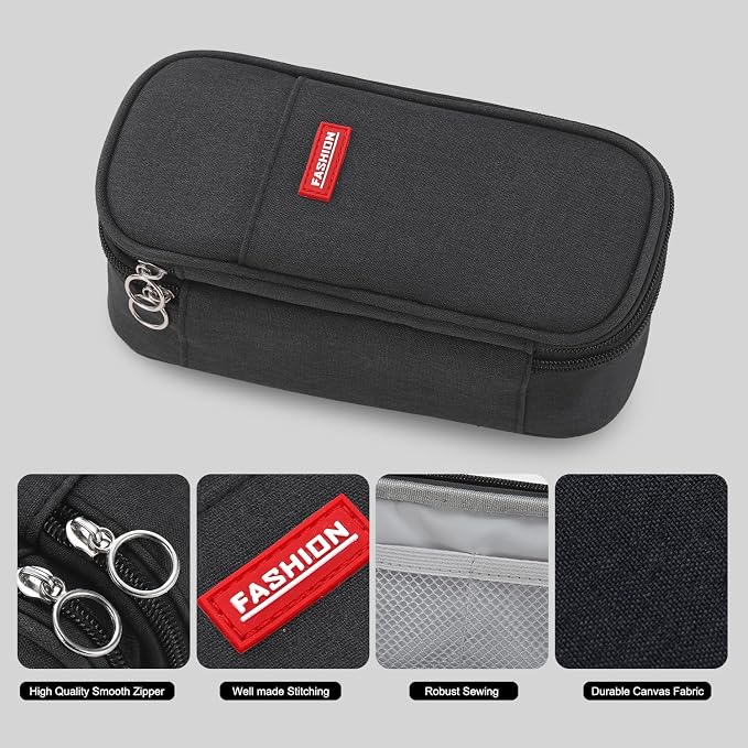 Large Pencil Bag for Boys Teens Kids School Zipper Pencil Pouch Black | Organizer Aesthetic Pencil Case Big Stationery Pencil Box for School Office, Wear-resistant Fabric, Large Capacity Design