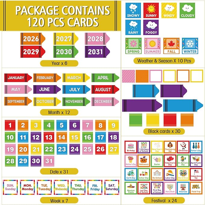 Sinload Classroom Calendar Pocket Chart Set Calendar Bulletin Board Set Seasons Festival Weather Pocket Chart for Classroom Decoration Back to School Supplies(Crayon)