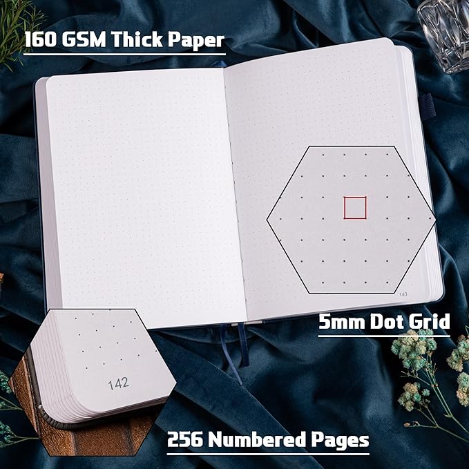TIEFOSSI Dotted Journal Notebook, 160gsm 256 Numbered Thick Paper, A5 Hardcover Dotted Grid Diary for Women Men Work Writing, Journaling, Drawing, 5.8 x 8.3 in