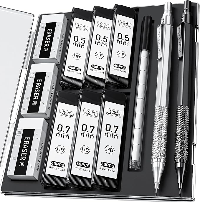 2PCS Metal Mechanical Pencil Set, 0.5mm+0.7mm, Storage Case, Black＆Silver | 360 Lead Refills, 3 Erasers, 9 Eraser Refills, Smooth Writing, Anti Grip, for Sketching, Technical Drawing, Art Projects