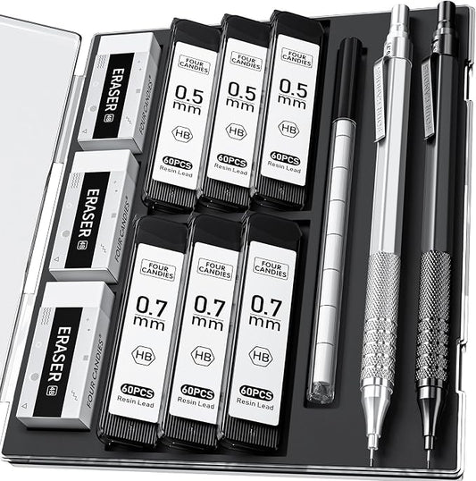 2PCS Metal Mechanical Pencil Set, 0.5mm+0.7mm, Storage Case, Black＆Silver | 360 Lead Refills, 3 Erasers, 9 Eraser Refills, Smooth Writing, Anti Grip, for Sketching, Technical Drawing, Art Projects