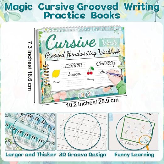 gisgfim 4 Pack Grooved Cursive Handwriting Workbook Kit Magic Reusable Grooved Handwriting Practice with Disappearing Ink Pens Cursive Kickoff Student Workbook for Kids Words Letters Sentences Reading