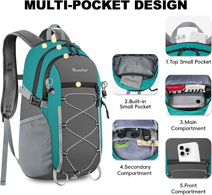 Seektop Packable Waterproof Hiking Backpack, 20L Lightweight Daypack | Tear-Resistant Nylon Material, Multi-Compartment Storage, Ultralight Small Foldable Travel Hiking Daypack for Men & Women