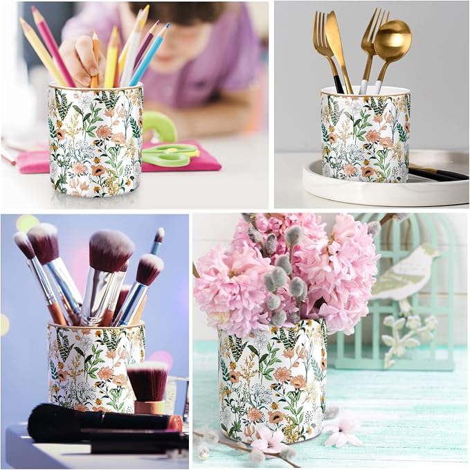 Large Capacity Colored Pen Holder for Desk, Ceramic Pencil Holder Pen Cup Marker Holder Makeup Brush Holders, Desk Accessories & Workspace Organizers for Home, Office, White Flower