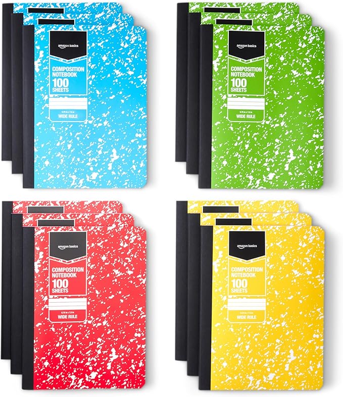 Amazon Basics Composition Notebook, Wide Ruled, 100 Sheets, 9.75" x 7.5", Assorted Marble Colors, 12-Pack