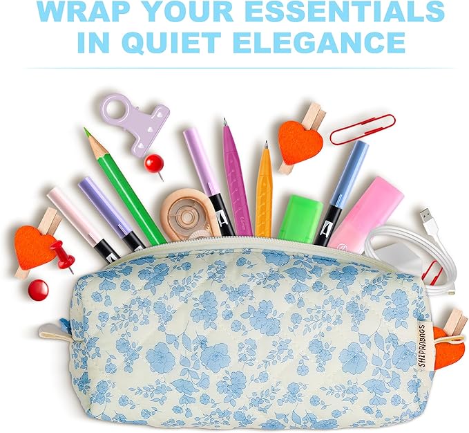 Cute Quilted Pencil Case for Girls Women, Aesthetic Small Floral Pencil Pouch,Slim Soft Pencil Bag for School Supplies Makeup Pouch for School & Daily Use (blue floral)