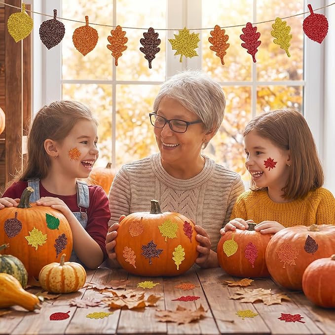 Fall Decor - Maple Leaf Glitter Foam Stickers | 138 PCS Self Adhesive Fall Stickers - Thanksgiving Crafts for Kids -Friendsgiving Party Supplies Favors for Halloween Gifts
