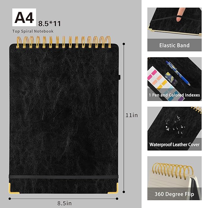 Top Spiral Notebook 8.5x11, A4 Large Leather Hardcover Top Bound Steno Pads, 240 Pages 100gsm Thick Lined Paper,Wide Ruled,Left Handed Notebook Journal for Work, School - Black