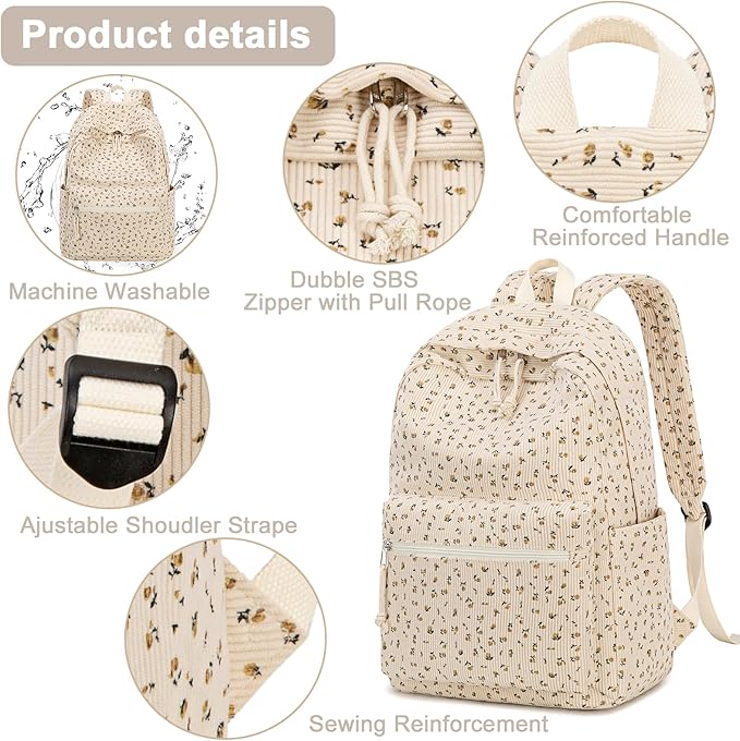 BTOOP School Backpack for Teens Large Corduroy Bookbag Lightweight 15.6 inch Laptop Bag for Girls Women Casual High School College
