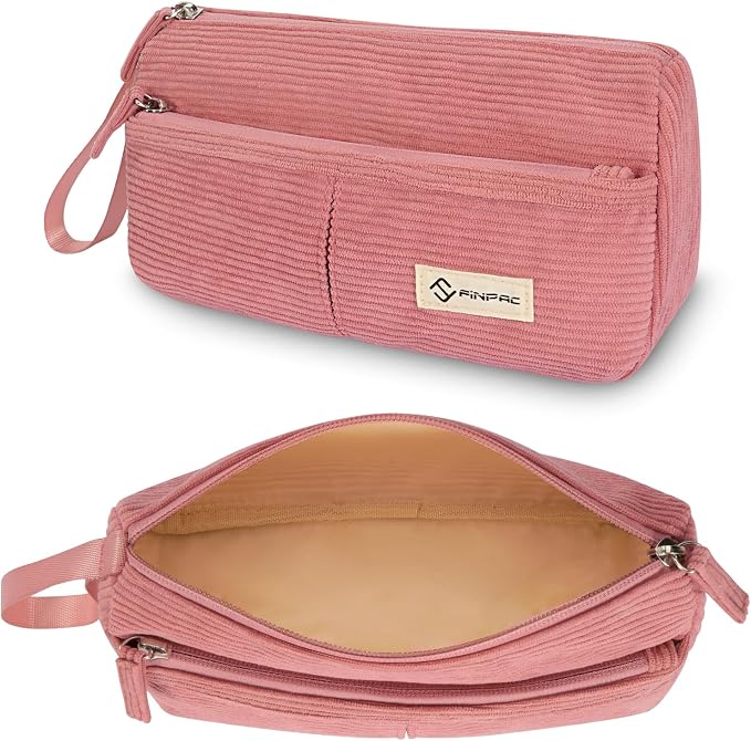 FINPAC Pencil Case, Corduroy Triangle Makeup Bag Kawaii Pen Bag Pouch | Pencil Holder Box Organize for Study, Office, or Travel, Pink