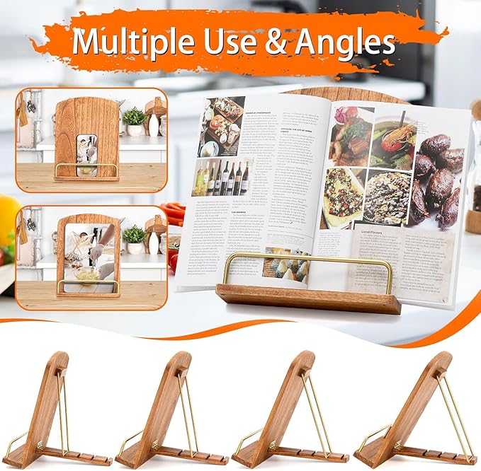 Wooden Cookbook Stand for Kitchen Countertop: Folding Wood Recipe Holder, Ergonomic Reading Stand for Large Hardcover Books and iPad, Ideal Gift for Mom and Grandma, Stable Non-Slip Desktop Bookrest