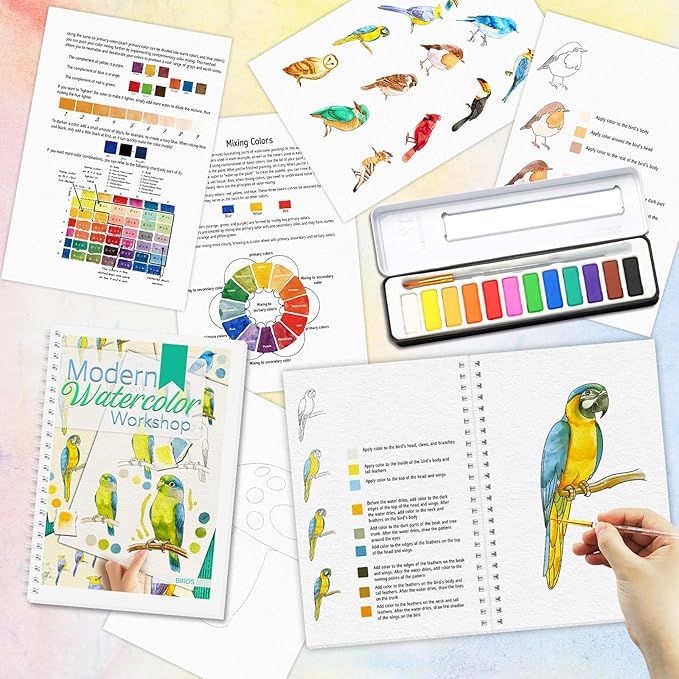 2Pcs Watercolor Workbook Beginner-Friendly Watercolor Workbook with Step by Step for Adults for Adults with 12 Colors Paint, Watercolor Paper, Beginner Watercolor Painting Kit Valentine's Day Gift