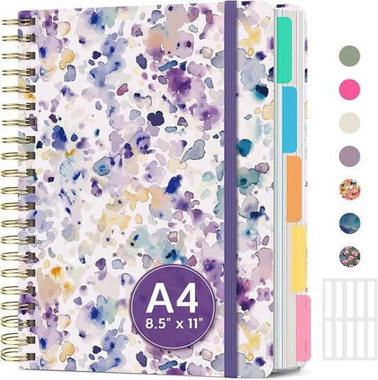 Large Spiral Lined Notebooks for Work with Removable Dividers & Tabs, 8.5"x11" Pretty Hardcover 5 Subject Notebook Journal for Women, College Ruled, Perfect for Study & Office Organization, 280 Pages,Purple Blocks